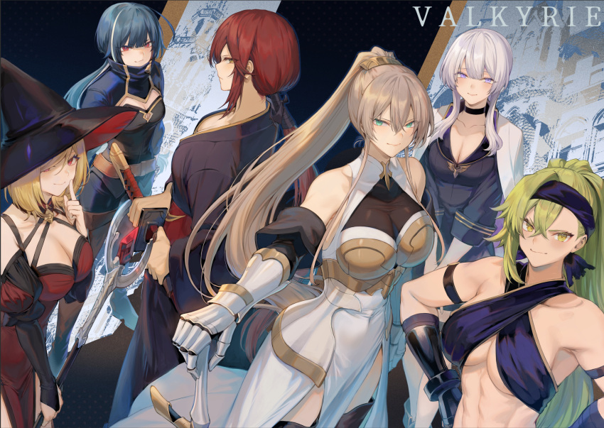 6+girls armor armored_dress armored_gloves blonde_hair blue_hair breastplate breasts cattleya_(hijiri_kishi_sonia-san) dress finger_to_mouth green_eyes hands_on_hips hat highres holding holding_sword holding_weapon large_breasts lecia_(hijiri_kishi_sonia-san) light_green_hair light_smile lilith_(hijiri_kishi_sonia-san) long_hair mage_staff mashuu_(neko_no_oyashiro) multicolored_hair multiple_girls nagi_(hijiri_kishi_sonia-san) orange_eyes original paladin ponytail purple_eyes red_dress red_eyes red_hair samurai short_hair sonia_(hijiri_kishi_sonia-san) streaked_hair sword tsubaki_(hijiri_kishi_sonia-san) very_long_hair warrior weapon white_hair witch witch_hat yellow_eyes