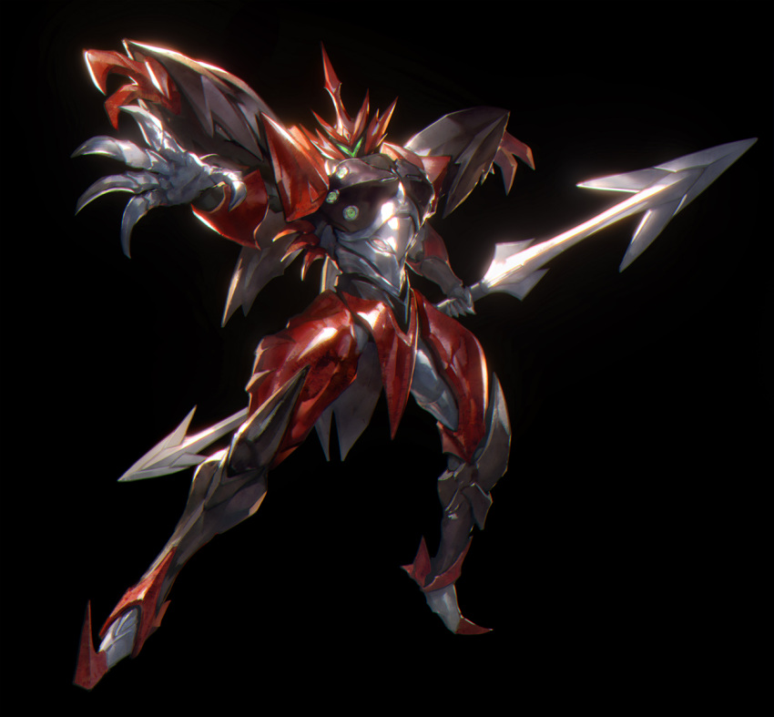 black_background facing_viewer full_body hangleing highres holding holding_weapon mecha outstretched_hand power_armor power_suit robot standing tekkaman_blade tekkaman_evil weapon