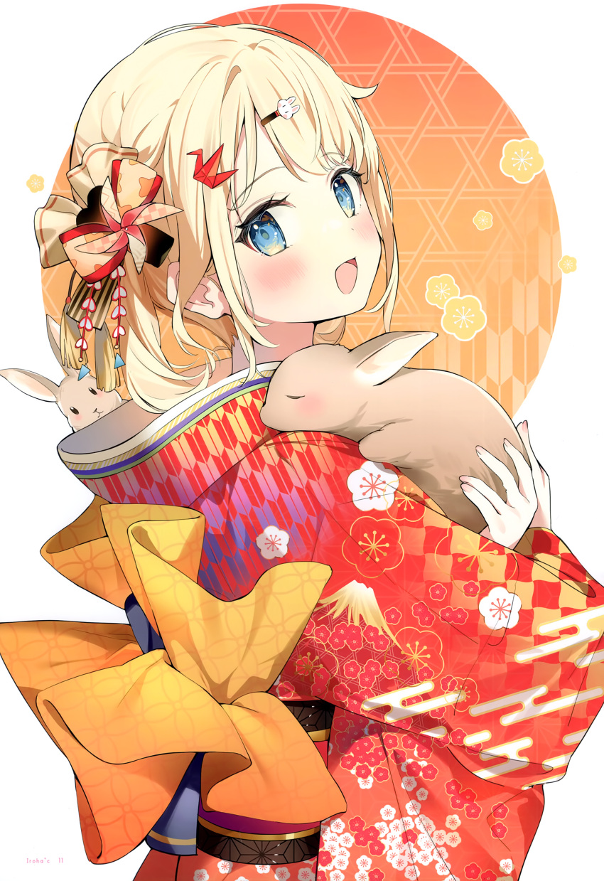 1girl absurdres animal animal_hair_ornament bangs blonde_hair blue_eyes blush chinese_zodiac floral_print flower hair_flower hair_ornament hairclip hana_mori highres holding holding_animal hololive japanese_clothes kazama_iroha kimono looking_at_viewer obi open_mouth patterned_background plum_blossoms rabbit red_kimono sash scan sidelocks solo upper_body virtual_youtuber year_of_the_rabbit