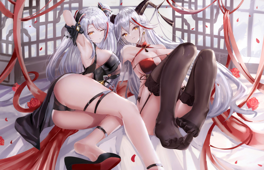 2girls absurdres aegir_(azur_lane) aegir_(golden_dragon_among_auspicious_clouds)_(azur_lane) age_fx antenna_hair arm_behind_head arm_up armpits ass azur_lane bangs bare_shoulders blush breasts brown_thighhighs cleavage grey_hair highres horns large_breasts long_hair looking_at_viewer multicolored_hair multiple_girls official_alternate_costume orange_eyes prinz_eugen_(azur_lane) prinz_eugen_(cordial_cornflower)_(azur_lane) red_hair sideboob streaked_hair thighhighs thighs two_side_up yellow_eyes