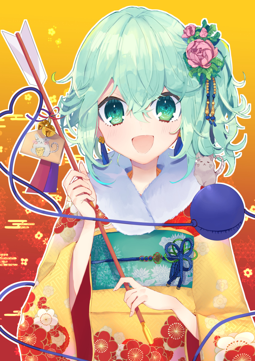 1girl 2020 absurdres animal_on_shoulder arrow_(projectile) bangs beads bell blue_earrings blue_ribbon blush cherry_blossom_print chinese_zodiac commentary earrings eyebrows_hidden_by_hair eyelashes floral_print flower flower_earrings fur-trimmed_kimono fur_trim gradient_background green_eyes green_hair green_ribbon green_sash hair_beads hair_between_eyes hair_flower hair_ornament hands_up happy happy_new_year heart heart_of_string highres holding holding_arrow japanese_clothes jewelry kimono komeiji_koishi leaf long_sleeves looking_at_viewer medium_hair mouse no_headwear open_mouth orange_background pink_flower pink_rose red_background ribbon rose sash side_ponytail simple_background smile solo tassel tassel_earrings tassel_hair_ornament third_eye touhou tsukikusa upper_body wavy_hair wide_sleeves year_of_the_rat yellow_kimono yukata