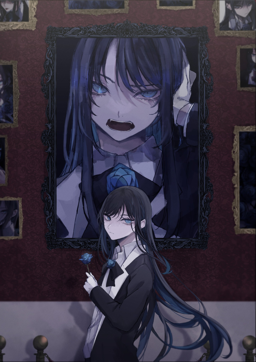 1girl absurdres ado_(singer) bangs black_hair blue_eyes blue_flower blue_rose bow bowtie collared_shirt expressionless flower formal gloves highres holding holding_flower indoors jacket long_hair long_sleeves looking_at_viewer looking_to_the_side niconico open_clothes open_jacket open_mouth orihara_(ewkkyorhr) picture_(object) picture_frame rose shirt sidelocks solo standing suit suit_jacket teeth upper_body very_long_hair wall white_gloves white_shirt