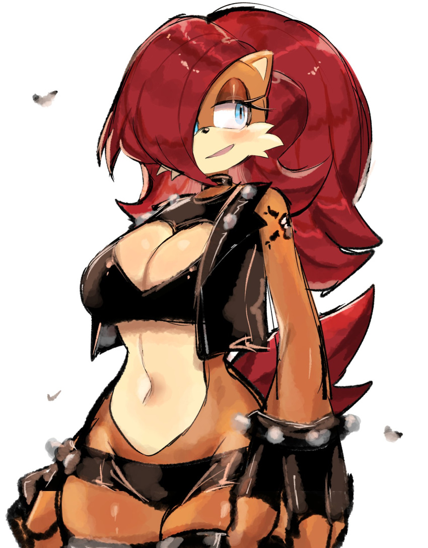 1girl black_choker black_shorts black_thighhighs black_vest blue_eyes bracelet breasts choker cleavage cleavage_cutout clothing_cutout fingerless_gloves furry furry_female gloves hair_over_one_eye heart_cutout highres jewelry long_hair micro_shorts midriff navel open_mouth ponytail red_hair sally_acorn shorts simple_background smile solo sonic_(series) spiked_bracelet spikes standing tattoo thighhighs usa37107692 vest white_background