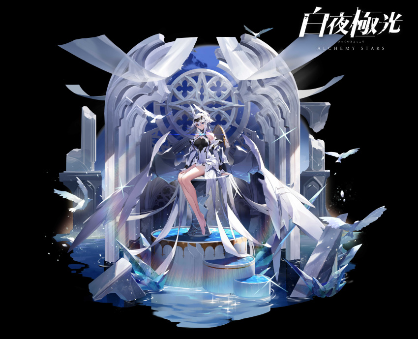 1girl absurdres alchemy_stars armored_skirt bangs bare_shoulders beretta_(alchemy_stars) bird black_background blue_eyes breasts caustics copyright_name covered_navel detached_sleeves dress full_body glint headpiece highres large_breasts looking_at_viewer nori_tamahana official_art short_hair simple_background sitting sleeveless sleeveless_dress solo sparkle water white_hair