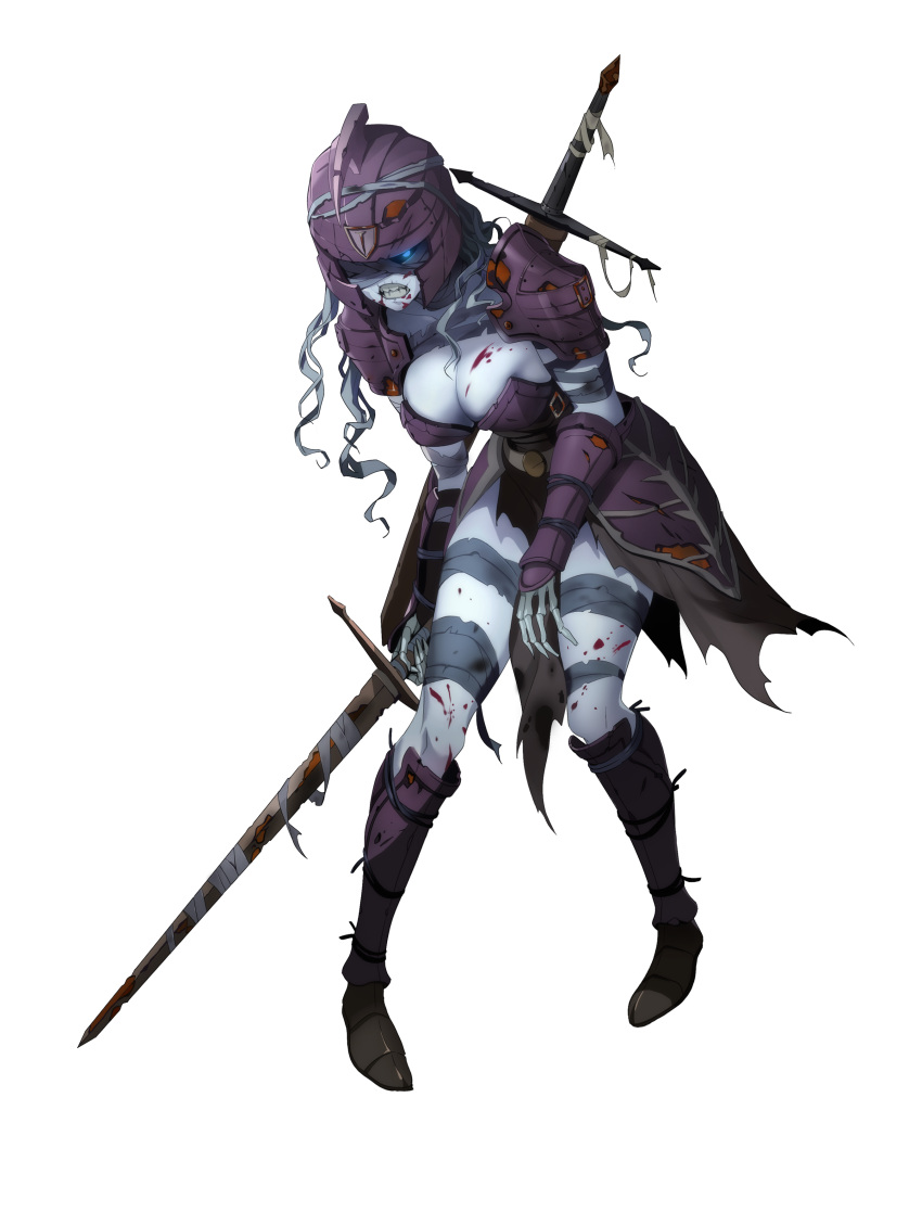 1girl absurdres armor artist_request bandages blood bracer breastplate breasts cleavage clenched_teeth curly_hair eversoul exposed_bone full_body game_cg glowing glowing_eye grey_hair helm helmet highres holding holding_sword holding_weapon hunched_over leg_armor nameless_(eversoul) official_art pauldrons shoulder_armor solo sword tachi-e teeth torn_clothes transparent_background weapon zombie