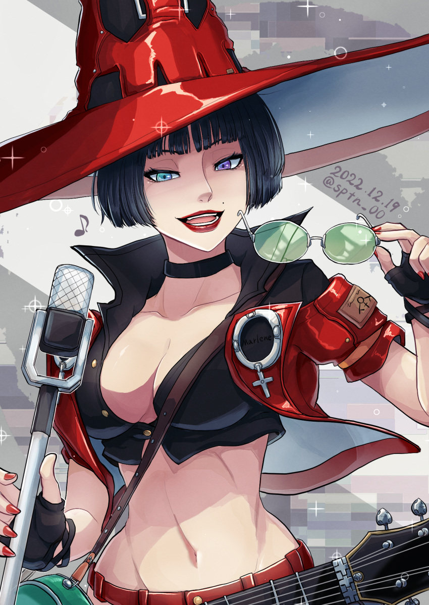 1girl bangs black_hair blue_eyes breasts electric_guitar eyewear_removed guilty_gear guilty_gear_strive guitar hat heterochromia highres holding holding_eyewear i-no instrument lipstick makeup microphone microphone_stand mole mole_above_mouth nail_polish navel open_mouth purple_eyes red_headwear red_lips red_nails short_hair smile solo sptn_00 witch_hat