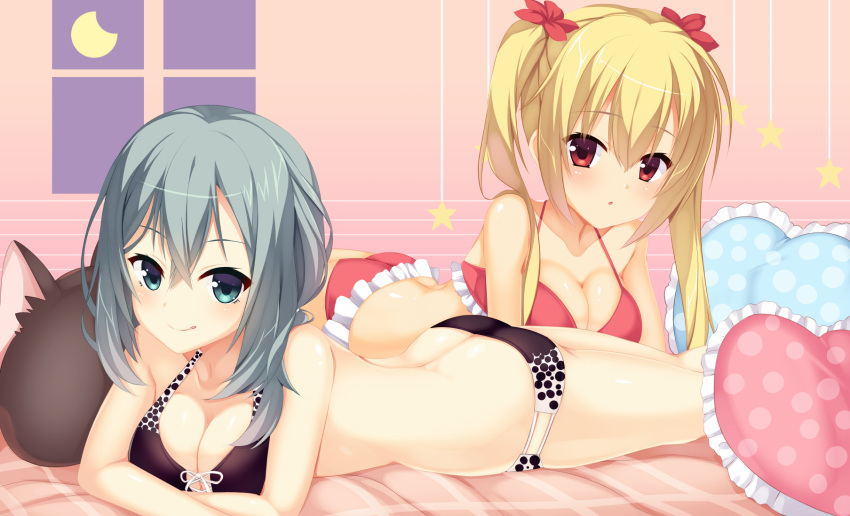 2girls :p aqua_eyes aqua_hair aria. arihara_nanami arm_support ass back bangs bare_arms bikini black_bikini blonde_hair blue_eyes breasts cleavage collarbone commentary crescent_moon crossed_arms eyelashes flower frilled_bikini frilled_pillow frills hair_between_eyes hair_down hair_flower hair_ornament hair_over_shoulder heart heart_pillow highres indoors large_breasts light_blush looking_at_viewer lying moon multiple_girls night on_bed on_stomach pillow polka_dot_pillow red_bikini red_eyes red_flower riddle_joker shikibe_mayu sidelocks skindentation star_(symbol) straight_hair stuffed_animal stuffed_toy swimsuit thighs tongue tongue_out twintails wavy_hair