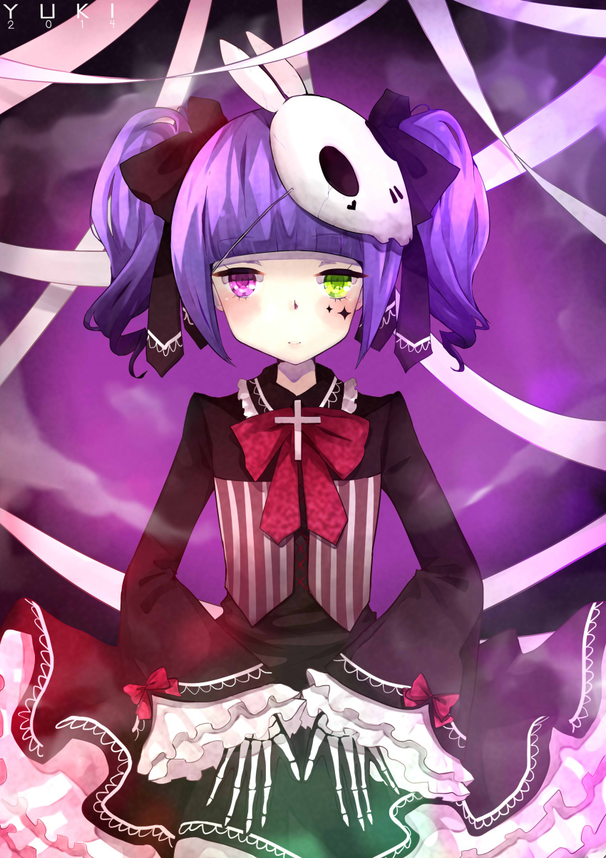 1girl absurdres bangs bow commentary_request dress gothic gothic_lolita green_eyes hair_ribbon halloween heterochromia highres hime_cut lolita_fashion long_hair looking_at_viewer original purple_eyes purple_hair red_bow ribbon skeletal_hand twintails yuki-02