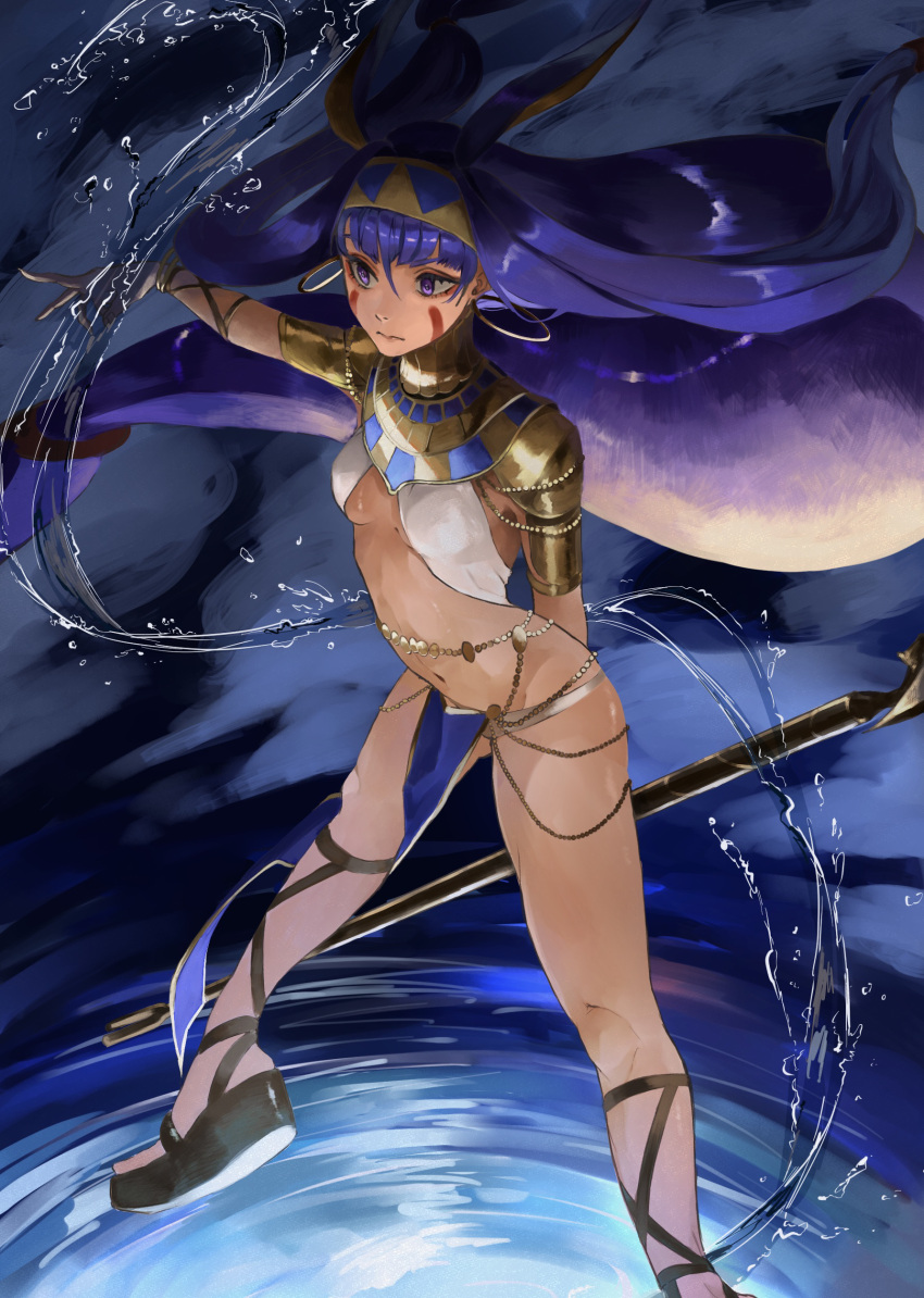 1girl absurdres animal_ears breasts closed_mouth commentary dark-skinned_female dark_skin earrings egyptian_clothes facepaint fate/grand_order fate_(series) floating_hair hairband highres holding holding_staff holding_weapon hoop_earrings hydrokinesis jackal_ears jewelry long_hair looking_away navel nitocris_(fate) pelvic_curtain purple_eyes purple_hair small_breasts solo staff stomach usekh_collar water weapon zuraa_(naunau_seijin)