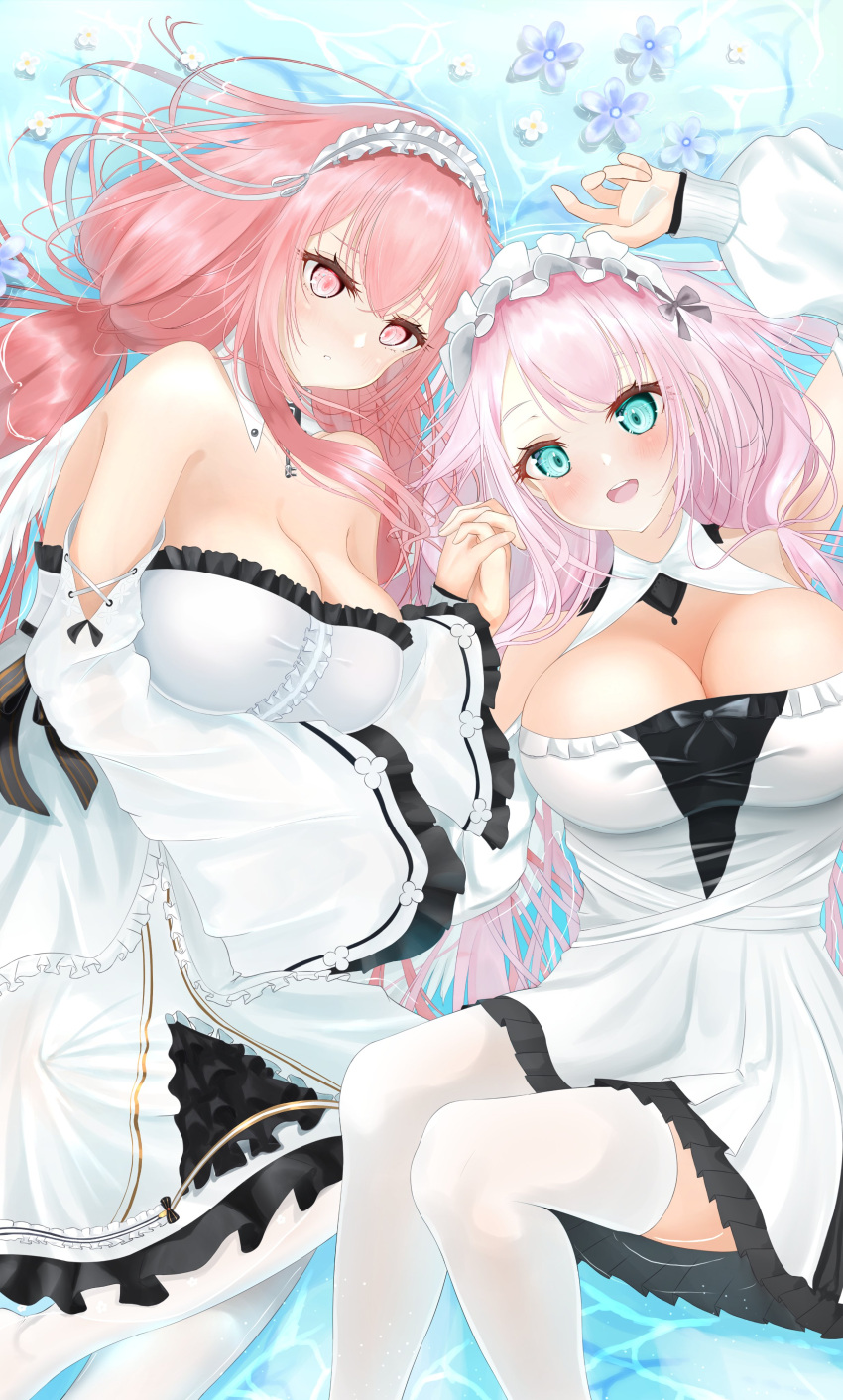 2girls absurdres aqua_eyes azur_lane bangs bare_shoulders breasts cleavage detached_collar detached_sleeves dress frilled_dress frilled_hairband frills hair_between_eyes hairband highres holding_hands large_breasts long_hair looking_at_viewer lying multiple_girls perseus_(azur_lane) petals petals_on_liquid pink_eyes pink_hair theseus_(azur_lane) thighhighs tsuri_pi twintails water white_dress white_thighhighs wide_sleeves