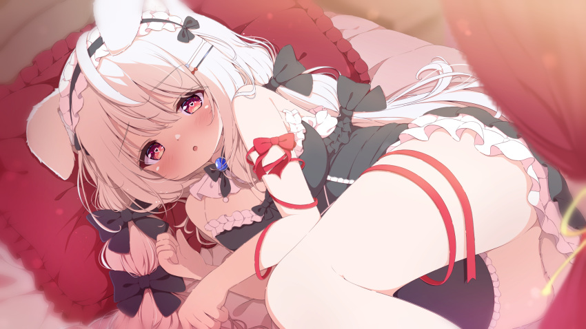 1girl :o animal_ears ass bangs bed bed_sheet black_dress blush borrowed_character commentary_request dog_ears dress g4ku hair_between_eyes hair_ribbon heart heart-shaped_pupils highres long_hair looking_at_viewer lying maid maid_headdress on_side open_mouth original pillow red_eyes red_ribbon ribbon single_thighhigh solo symbol-shaped_pupils thighhighs thighs very_long_hair white_hair