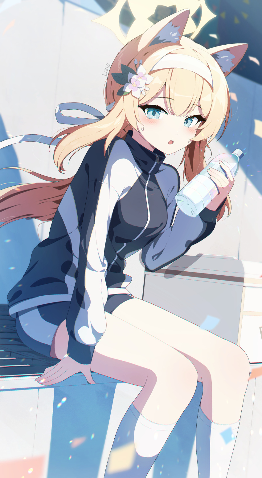 1girl :o absurdres animal_ear_fluff animal_ears bangs blonde_hair blue_archive blush bottle breasts confetti duplicate feet_out_of_frame gym_uniform halo headband highres holding holding_bottle jacket kneehighs light_particles liyom looking_at_viewer mari_(blue_archive) mari_(gym_uniform)_(blue_archive) medium_breasts official_alternate_costume pixel-perfect_duplicate shorts sitting socks solo sweatdrop track_jacket water_bottle white_headband white_socks
