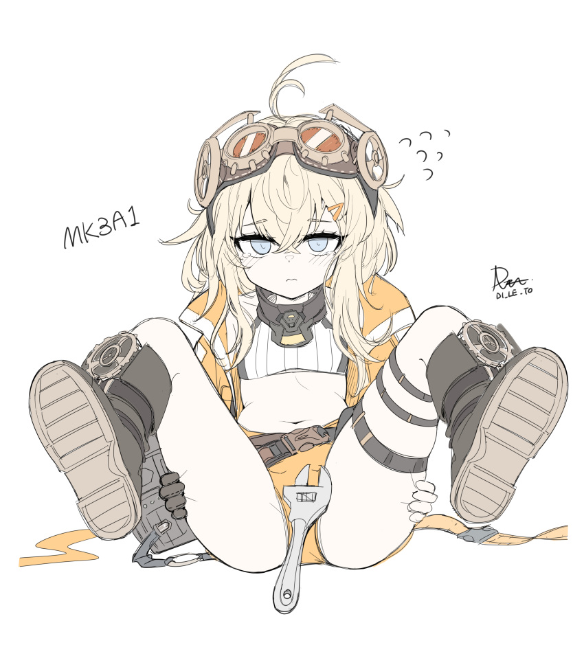 absurdres bangs blonde_hair boots girls'_frontline goggles goggles_on_head grey_eyes highres jacket mask mask_around_neck medium_hair mk3a1_(girls'_frontline) shorts simple_background thighs white_background yellow_jacket yellow_shorts