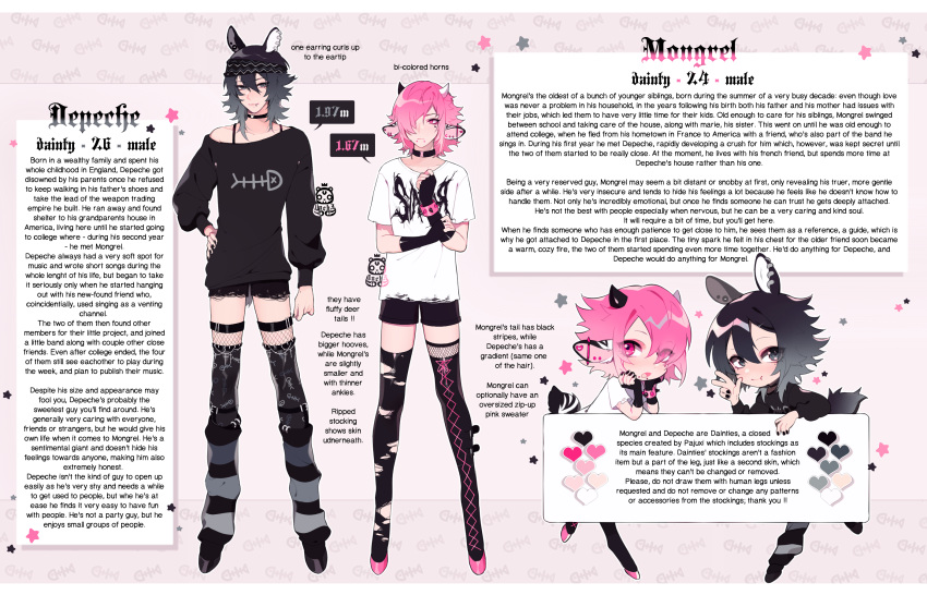 2boys black_hair ear_piercing highres horns lip_piercing mazamuno mongrel_(mazamuno) mouth_piercing multiple_boys nail_art original piercing pink_eyes pink_hair pink_nails reference_sheet source_request third-party_source white_horns yaoi