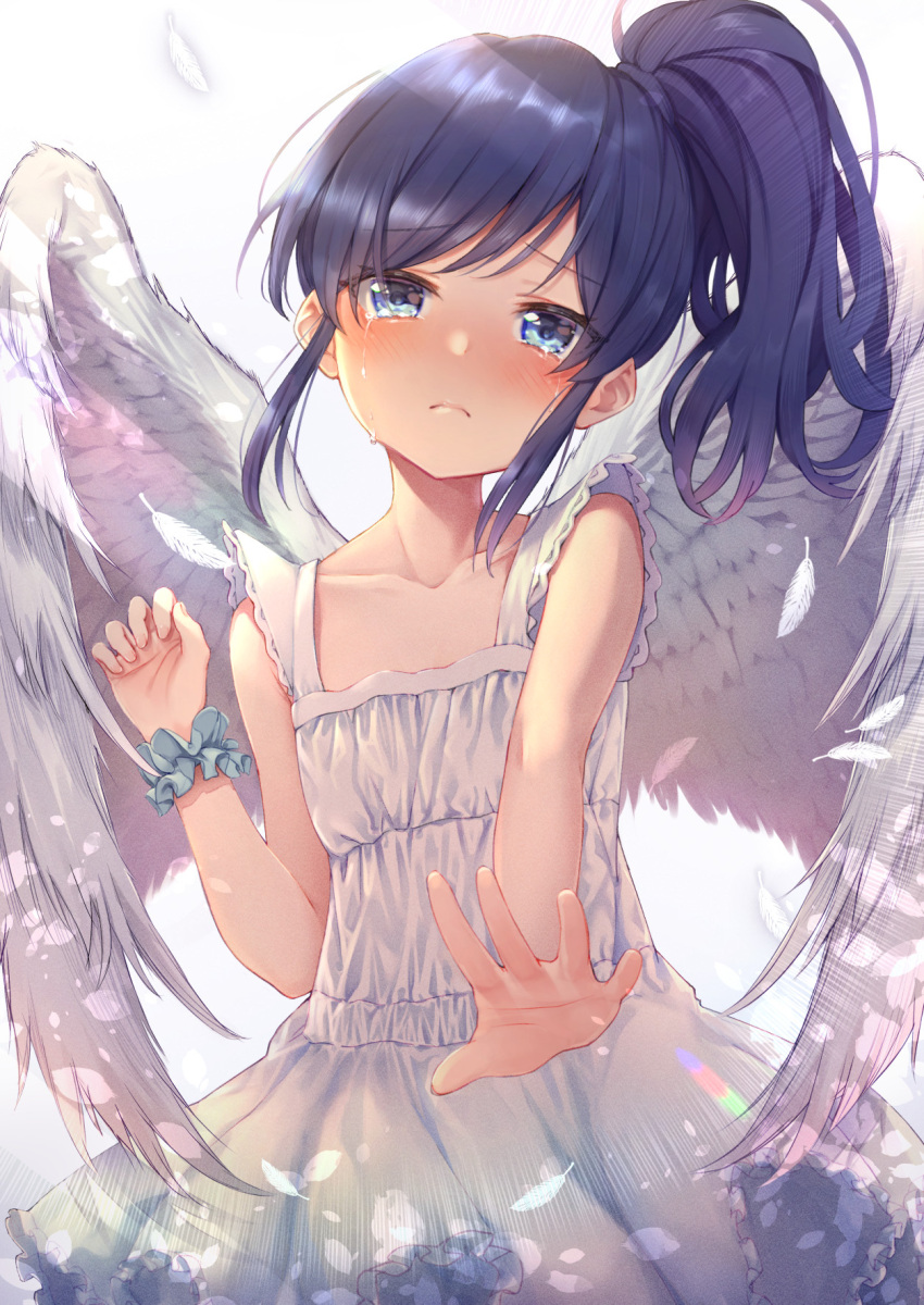 1girl aikatsu! aikatsu!_(series) angel_wings bangs bare_arms bare_shoulders blue_eyes blue_hair collarbone commentary_request crying crying_with_eyes_open dress feathered_wings feathers higashiharakuni highres kiriya_aoi outstretched_arm scrunchie side_ponytail streaming_tears tears white_background white_dress white_wings wings
