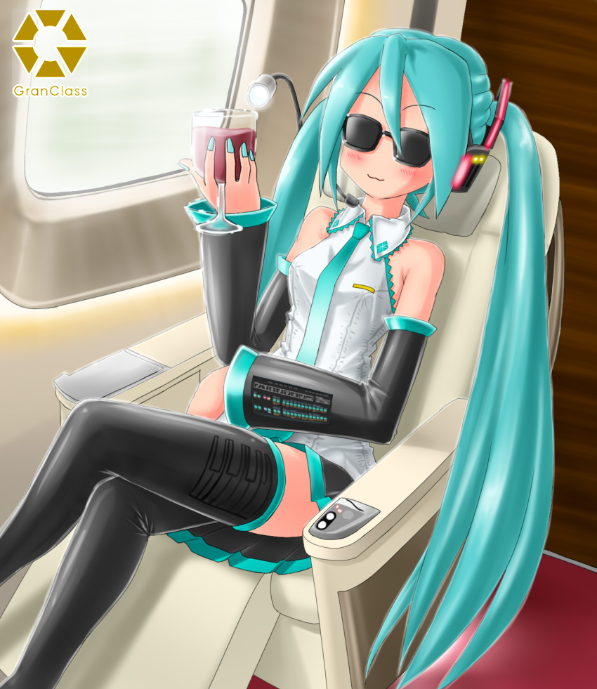 1girl alcohol bangs black_thighhighs boots commentary_request cup drink drinking_glass e5_hayabusa glass gran_class hatsune_miku highres kazu-chan light long_hair reclining red_carpet red_wine seat shinkansen skirt smile solo sunglasses sunlight thigh_boots thighhighs thighs train_interior twintails vocaloid window wine wine_glass