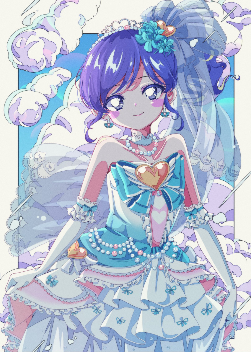 1girl aikatsu! aikatsu!_(series) bangs blue_eyes blue_hair blue_sky blush bow choker cloud dress earrings elbow_gloves flower frilled_dress frills gloves hair_flower hair_ornament highres holding holding_clothes jewelry kiriya_aoi lace long_dress milon_cas necklace pearl_necklace ribbon see-through side_ponytail sky sleeveless sleeveless_dress smile tiara veil