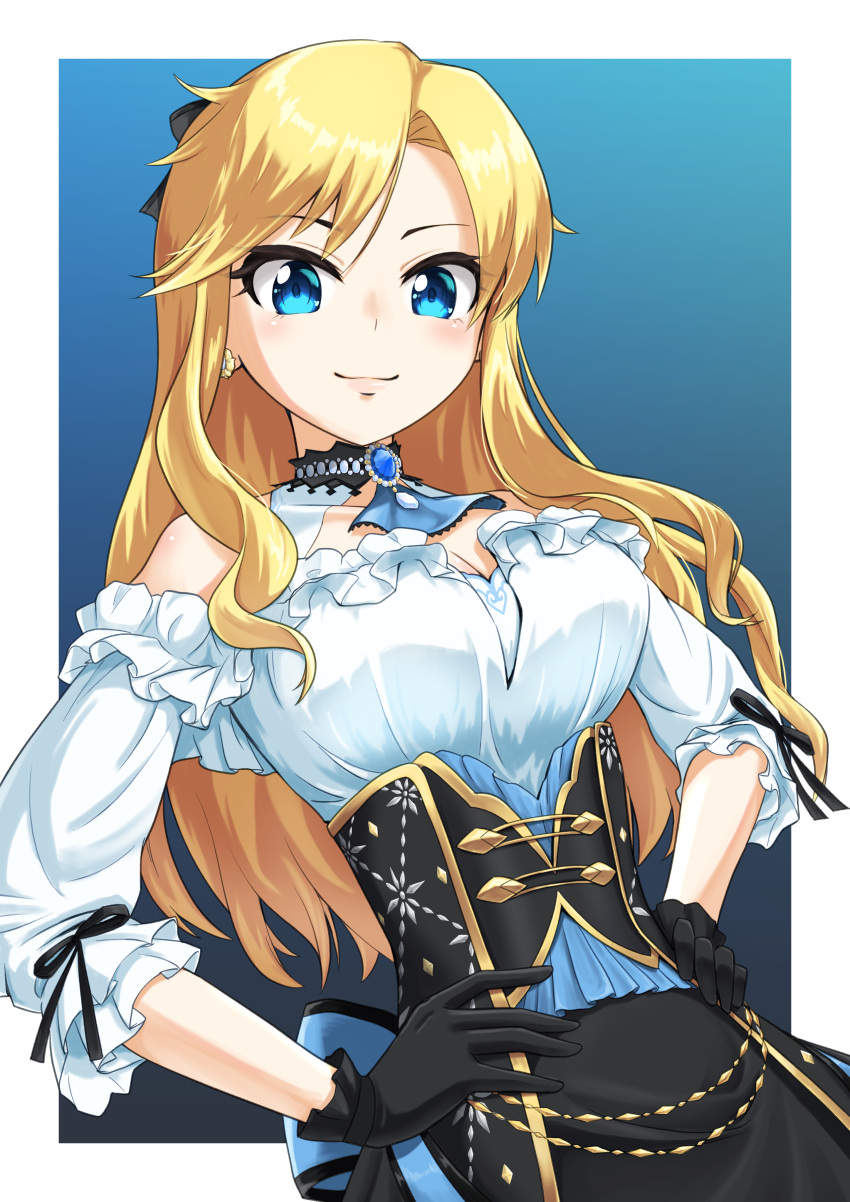 1girl absurdres bangs bare_shoulders black_gloves blonde_hair blue_eyes bravery47 breasts brooch choker cleavage closed_mouth corset covered_collarbone dress earrings frilled_dress frills gloves hands_on_hips highres idolmaster idolmaster_cinderella_girls idolmaster_cinderella_girls_starlight_stage jewelry long_hair looking_at_viewer medium_breasts off-shoulder_dress off_shoulder ohtsuki_yui outside_border sidelocks simple_background smile swept_bangs upper_body wavy_hair