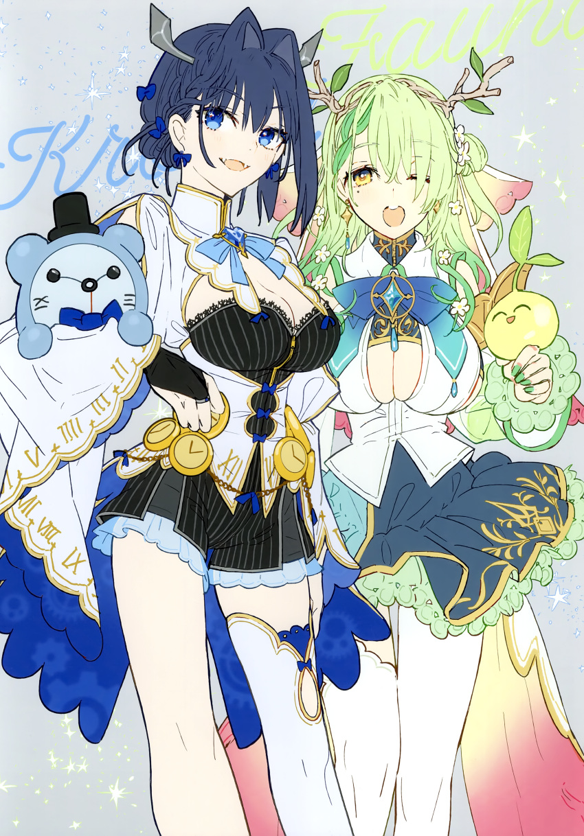 2girls :d ;d absurdres black_dress blue_eyes blue_hair blue_nails bow bow_earrings breasts bridal_gauntlets ceres_fauna cleavage cleavage_cutout clothing_cutout creature dress earrings fangs frilled_skirt frills grey_hair hair_bow hair_intakes hair_over_one_eye highres hololive hololive_english jewelry kronie_(ouro_kronii) large_breasts long_hair mole mole_under_eye multiple_girls one_eye_closed ouro_kronii sapling_(ceres_fauna) scan sideways_glance single_thighhigh skirt smile thighhighs toosaka_asagi virtual_youtuber white_thighhighs yellow_eyes