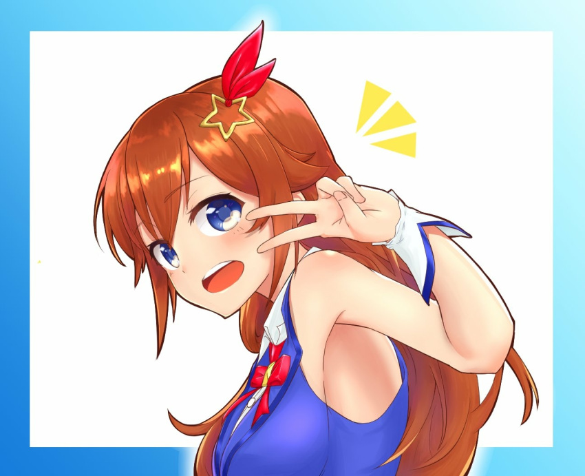 1girl bangs blue_border blue_eyes border commentary_request hair_ornament happy hololive long_hair looking_at_viewer nagape open_mouth shirt simple_background sleeveless sleeveless_shirt smile star_(symbol) star_hair_ornament tokino_sora upper_body v virtual_youtuber white_background
