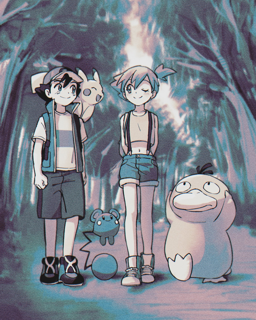 1boy 1girl ;) ^_^ arms_behind_back ash_ketchum azurill bandeau bangs baseball_cap black_hair blush closed_eyes commentary crop_top denim denim_shorts eye_contact forest funabara_tsuitta_tsunagemashita hands_on_own_head happy hat high_collar highres looking_at_another looking_to_the_side midriff misty_(pokemon) monochrome nature navel on_shoulder one_eye_closed pikachu pokemon pokemon:_mezase_pokemon_master pokemon_(anime) pokemon_(creature) pokemon_on_shoulder psyduck shirt shoes short_hair shorts side_ponytail sleeveless sleeveless_jacket sleeveless_shirt smile sneakers spiked_hair striped striped_shirt suspenders tree walking