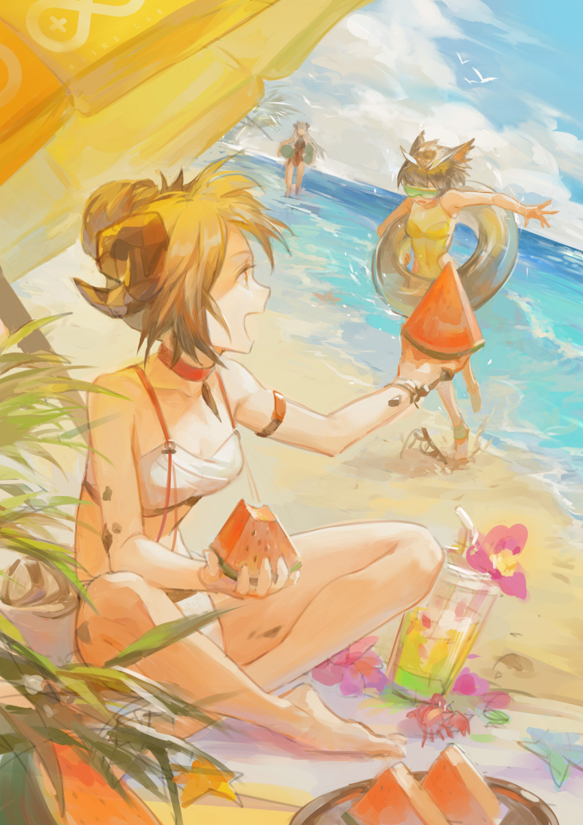 3girls :d alternate_costume arknights ball beach beachball bikini bird black_one-piece_swimsuit blanket blonde_hair brown_hair chinese_commentary choker cloud commentary_request crab cup day demon_horns disposable_cup drink drinking_straw food fruit goggles grey_hair hair_bun highres holding holding_food horns ifrit_(arknights) ifrit_(sunburn)_(arknights) innertube looking_at_another melon melon_slice multiple_girls ocean official_alternate_costume one-piece_swimsuit open_mouth oripathy_lesion_(arknights) palm_tree red_choker sand saria_(arknights) short_hair shuaigegentou silence_(arknights) single_hair_bun sky smile swimsuit tree white_bikini yellow_eyes yellow_one-piece_swimsuit