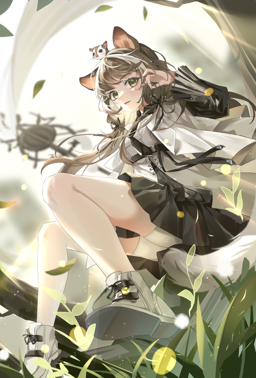 1girl absurdres animal_ears animal_on_head arknights black_dress black_ribbon brown_hair commentary dress fingernails floating_hair grass green_eyes hair_ribbon hand_in_own_hair hand_up highres holding holding_staff honeyberry_(arknights) honeyberry_(wilderness_behind)_(arknights) layered_dress long_hair long_sleeves looking_at_viewer multicolored_hair official_alternate_costume on_head parted_lips pdiga ribbon shoes shorts squirrel squirrel_ears squirrel_tail staff streaked_hair symbol-only_commentary tail white_dress white_footwear white_hair white_shorts