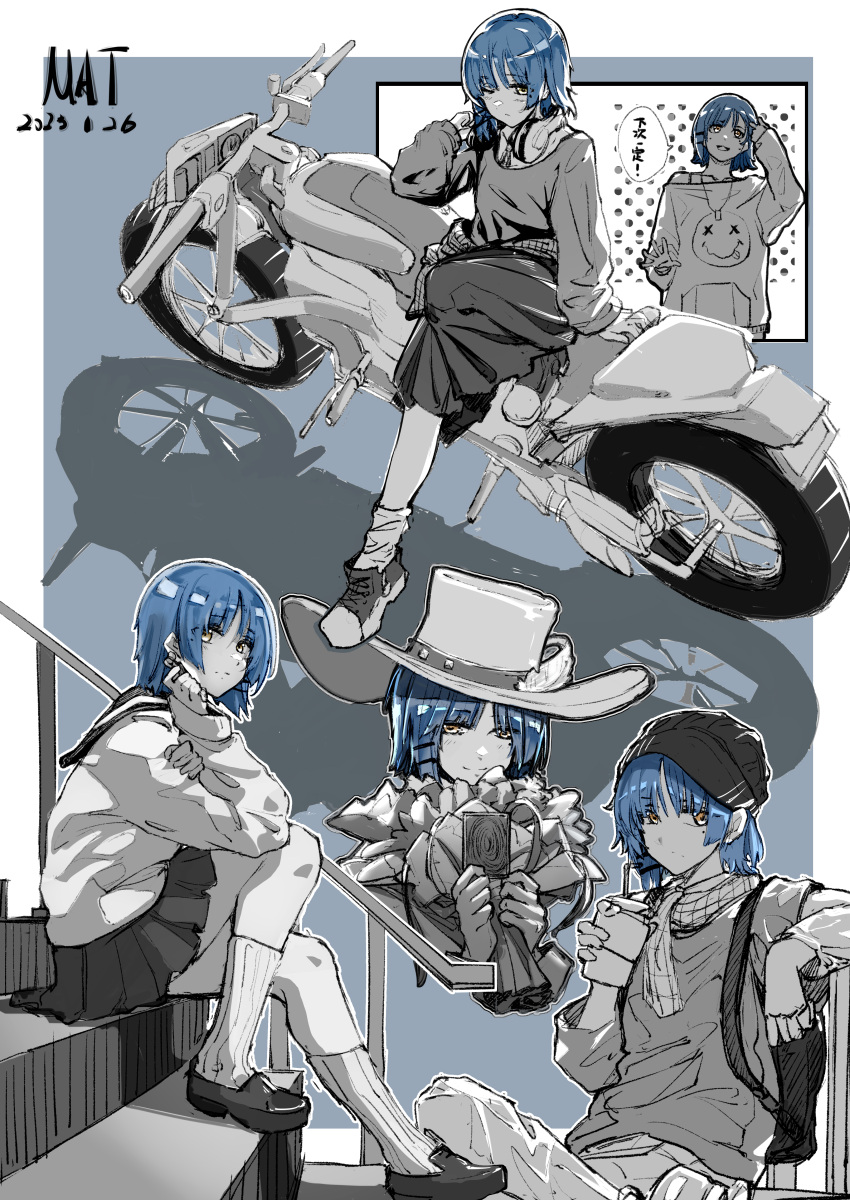 1girl absurdres backpack bag beanie blue_hair bocchi_the_rock! bouquet card cup disposable_cup drinking flower ground_vehicle hat headphones headphones_around_neck highres holding holding_bouquet hood hoodie jewelry miao_ao_tian monochrome motor_vehicle motorcycle necklace necktie no_eyes scarf school_uniform sitting sitting_on_stairs skirt smiley_face solo stairs tongue tongue_out yamada_ryou