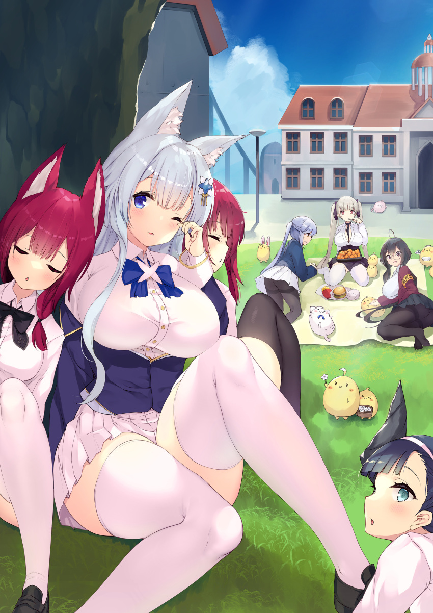 &gt;_&lt; 6+girls :3 absurdres ahoge all_fours animal_ears armband azur_lane between_breasts black_bow black_bowtie black_footwear black_hair black_necktie black_ribbon black_skirt blue_bow blue_bowtie blue_sky bow bowtie braid breasts brown_pantyhose building buttons cat chitose_(azur_lane) chiyoda_(azur_lane) closed_eyes collared_shirt day essex_(azur_lane) fake_animal_ears flower food formidable_(azur_lane) fox_ears french_braid french_fries from_behind fruit grass grey_hair hair_ornament hair_ribbon head_on_another's_shoulder highres holding holding_flower huge_ahoge huge_breasts jacket katsuragi_(azur_lane) large_breasts long_hair long_sleeves looking_at_viewer looking_back loose_bowtie manjuu_(azur_lane) medium_breasts meowfficer_(azur_lane) miniskirt multiple_girls necktie necktie_between_breasts ochinsama official_alternate_costume on_grass one_eye_closed orange_(fruit) outdoors pantyhose partially_unbuttoned picnic pleated_skirt purple_jacket rabbit_ears red_eyes red_hair red_jacket ribbon round_eyewear school_uniform shinano_(azur_lane) shirt shoes skirt sky sleeping taihou_(azur_lane) taihou_(sweet_time_after_school)_(azur_lane) taut_clothes taut_shirt thighband_pantyhose thighhighs tree_shade twintails very_long_hair white_cat white_flower white_shirt white_skirt white_thighhighs yellow_armband zettai_ryouiki