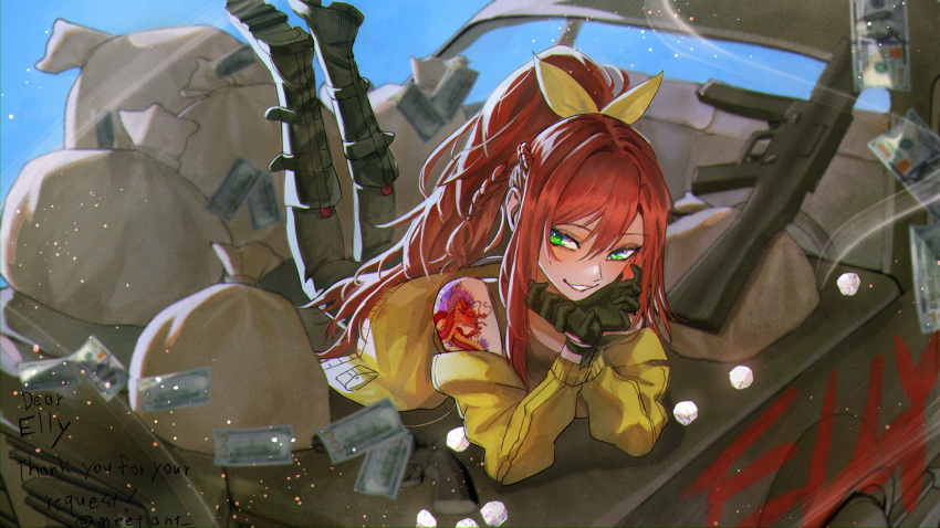 1girl :d assault_rifle bangs bare_shoulders black_gloves black_pants black_shirt boots bow car character_name commission elly_(vtuber) full_body gem gloves green_eyes grin ground_vehicle gun hair_bow hands_on_own_chin highres indie_virtual_youtuber jacket knee_boots legs_up long_hair long_sleeves lying meetaint money moneybag motor_vehicle on_stomach orange_hair pants rifle second-party_source shirt sleeveless sleeveless_shirt smile solo tattoo teeth virtual_youtuber weapon yellow_bow yellow_jacket
