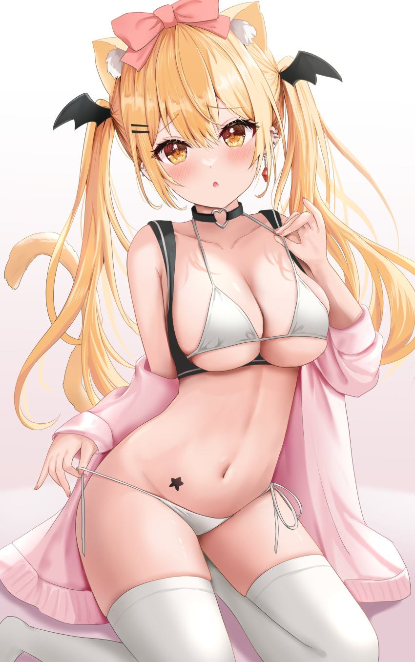 1girl absurdres animal_ears bare_shoulders bikini black_choker blonde_hair breasts cat_ears cat_girl cat_tail choker cleavage collarbone halterneck highres hololive jacket kemonomimi_mode large_breasts long_hair long_sleeves looking_at_viewer navel off_shoulder open_clothes open_jacket parted_lips pink_jacket side-tie_bikini_bottom simple_background solo stomach strap_pull string_bikini swimsuit tail thighhighs thighs twintails uni_ikura untied untied_bikini virtual_youtuber white_background white_thighhighs yellow_eyes yozora_mel