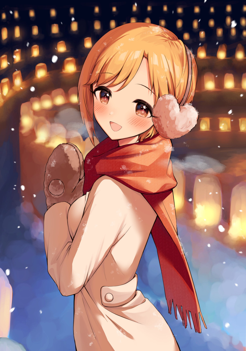 1girl absurdres aiba_yumi bangs blush breasts brown_hair coat duffel_coat earmuffs highres idolmaster idolmaster_cinderella_girls lantern looking_at_viewer looking_to_the_side medium_breasts mittens neru5 outdoors own_hands_together paper_lantern red_scarf scarf short_hair snowing solo