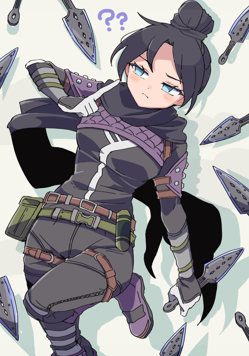 1girl ? ?? animification apex_legends bangs black_bodysuit black_hair black_scarf blue_eyes blush bodysuit boots breasts drop_shadow frown gloves grey_background grey_gloves hair_bun highres holding holding_knife knife kunai looking_to_the_side medium_breasts no_pupils nojima_minami parted_bangs pointing pointing_up purple_footwear scarf single_hair_bun solo thigh_strap weapon wraith's_kunai wraith_(apex_legends)