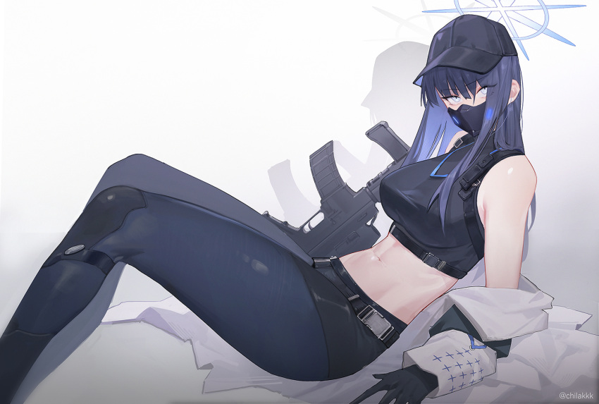 1girl assault_rifle bare_shoulders baseball_cap belt black_belt black_gloves black_headwear black_pants black_shirt blue_archive blue_hair breasts chilakkk coat commentary crop_top feet_out_of_frame gloves gradient_background grey_background gun hat large_breasts leggings long_hair looking_at_viewer mask midriff mouth_mask navel off_shoulder open_clothes open_coat pants reclining rifle saori_(blue_archive) shirt sig_516 sig_sauer sleeveless sleeveless_shirt solo stomach thighs weapon white_background