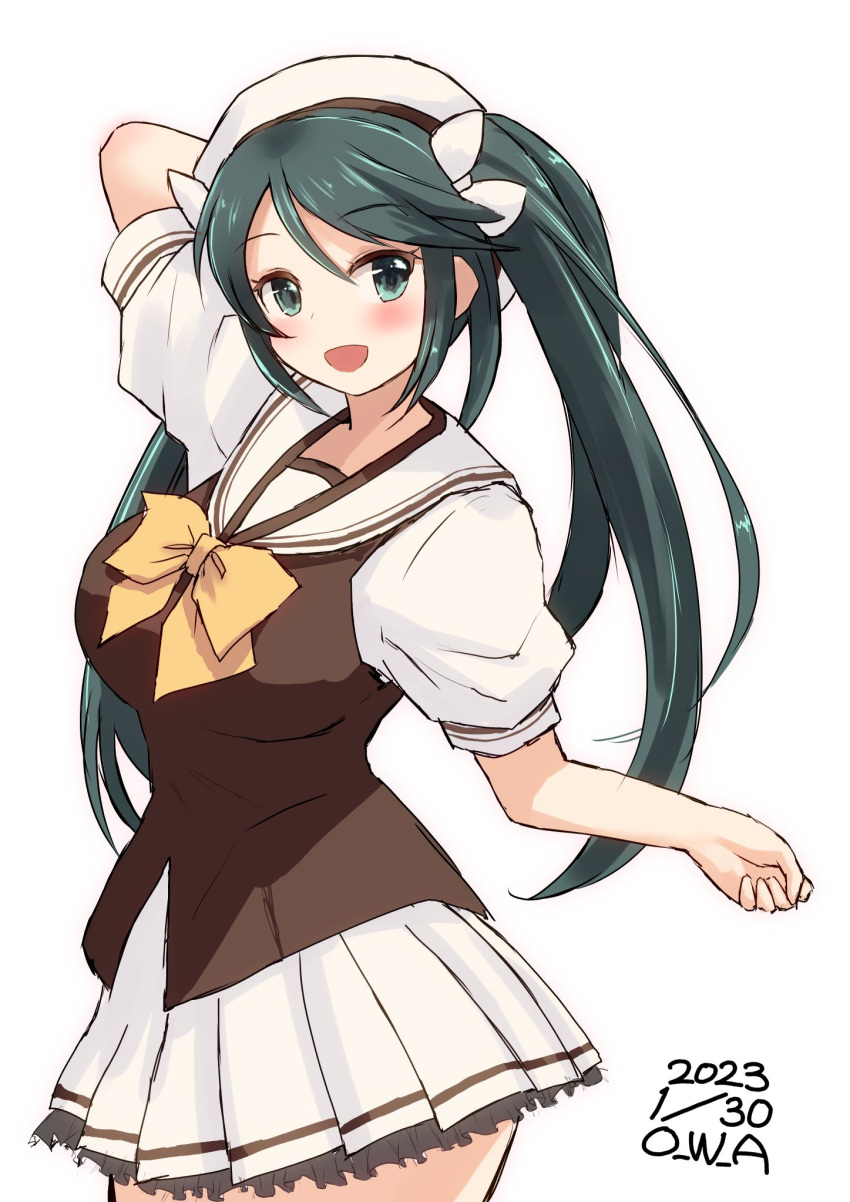1girl breasts brown_shirt cosplay cowboy_shot dated green_eyes green_hair hat highres isuzu_(kancolle) kantai_collection large_breasts long_hair looking_at_viewer national_verbena_academy_school_uniform one-hour_drawing_challenge owa_(ishtail) pleated_skirt puffy_short_sleeves puffy_sleeves sailor_collar sailor_hat sailor_shirt school_uniform serafuku shirt short_sleeves shuffle! skirt solo twintails twitter_username two-tone_shirt white_headwear white_sailor_collar white_skirt