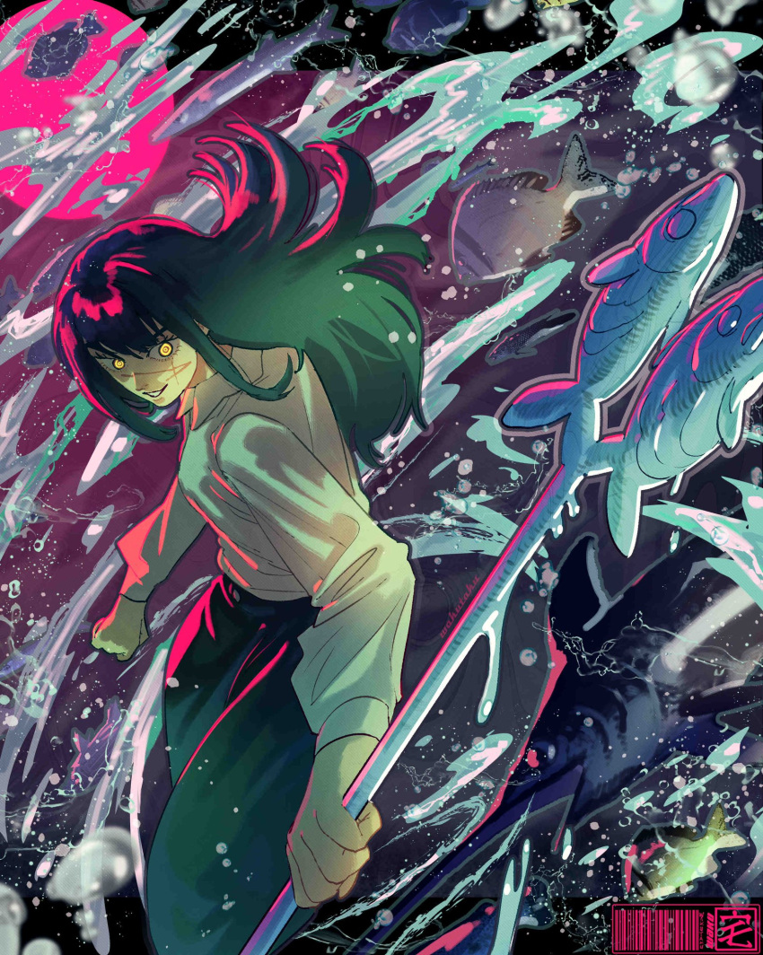 1girl bangs black_hair black_skirt chainsaw_man collared_shirt commentary cross_scar english_commentary fish highres holding holding_polearm holding_weapon hydrokinesis long_hair parted_lips polearm ringed_eyes scar scar_on_face shirt skirt smile solo taku_(aywakutakuay) water weapon white_shirt yellow_eyes yoru_(chainsaw_man)