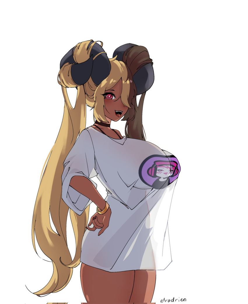 1girl aife_(zana) baggy_clothes bangle black_choker black_horns black_nails blonde_hair borrowed_character bra_strap bracelet breasts brown_hair choker commentary curled_horns elradrien english_commentary fingernails goat_horns gyaru hair_on_horn hair_over_one_eye hands_on_hips highres horns huge_breasts jewelry long_hair looking_at_viewer multicolored_hair original piercing red_eyes see-through see-through_shirt shirt shortstack silhouette solo split-color_hair t-shirt tented_shirt thick_thighs thighs tongue tongue_out tongue_piercing twintails very_long_hair white_shirt