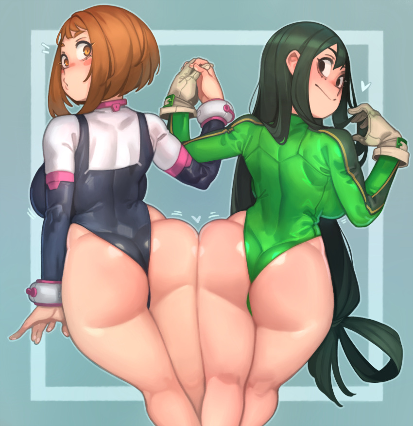 2girls absurdres adapted_costume aqua_background arm_at_side ass ass-to-ass ass_press asui_tsuyu backboob bangs black_eyes black_leotard blush_stickers boku_no_hero_academia bow-shaped_hair bracer breasts brown_eyes brown_hair closed_mouth commentary curvy english_commentary feet_out_of_frame framed from_behind gloves gradient_background green_hair green_leotard hair_over_shoulder hand_up heart highleg highleg_leotard highres holding_hands huge_ass interlocked_fingers kelvin_hiu kneepits large_breasts legs_together leotard long_hair long_sleeves looking_at_viewer low-tied_long_hair median_furrow motion_lines multiple_girls notice_lines pursed_lips short_hair side-by-side sidelocks skin_tight smile standing thick_thighs thighs turtleneck uraraka_ochako very_long_hair white_gloves