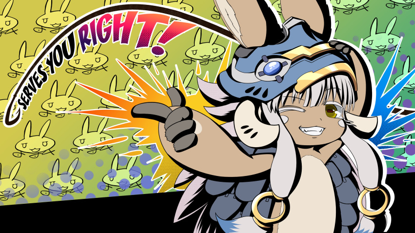 1other absurdres all-out_attack androgynous animal_ears brown_fur ears_through_headwear english_text fake_horns furry grin helmet highres horizontal_pupils horned_helmet horns made_in_abyss nanachi_(made_in_abyss) one_eye_closed other_focus parody persona persona_5 pointing rabbit_ears smile smugbuns solo style_parody whiskers white_hair yellow_eyes