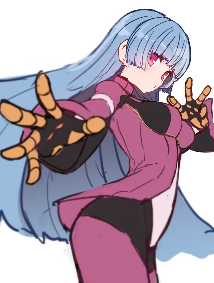 1girl bangs blue_hair bodysuit breasts fighting_stance from_side highres kula_diamond long_hair looking_at_viewer looking_to_the_side medium_breasts pink_eyes purple_bodysuit simple_background sketch solo standing sumiyao_(amam) the_king_of_fighters very_long_hair w white_background