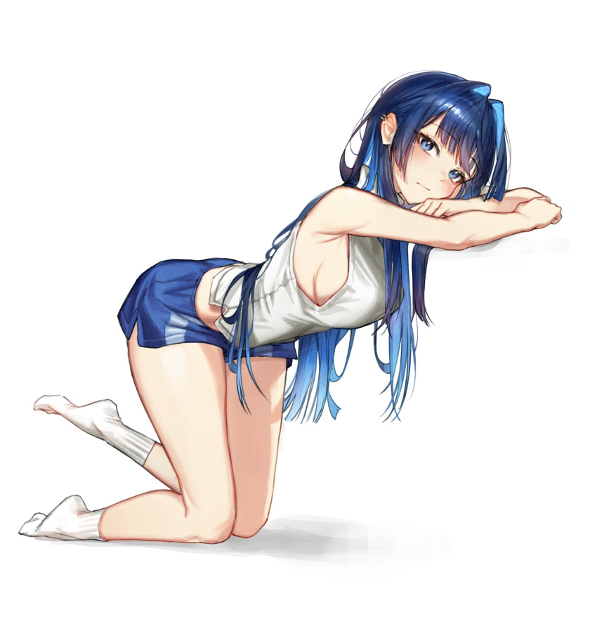 1girl bare_arms bare_shoulders bent_over blue_eyes blue_hair breasts closed_mouth dolphin_shorts hair_intakes head_rest highres hololive hololive_english large_breasts long_hair looking_at_viewer midriff_peek official_alternate_costume official_alternate_hairstyle ouro_kronii shirt short_shorts shorts sideboob simple_background sleeveless sleeveless_shirt socks solo tenchi_mayo virtual_youtuber white_background white_shirt white_socks