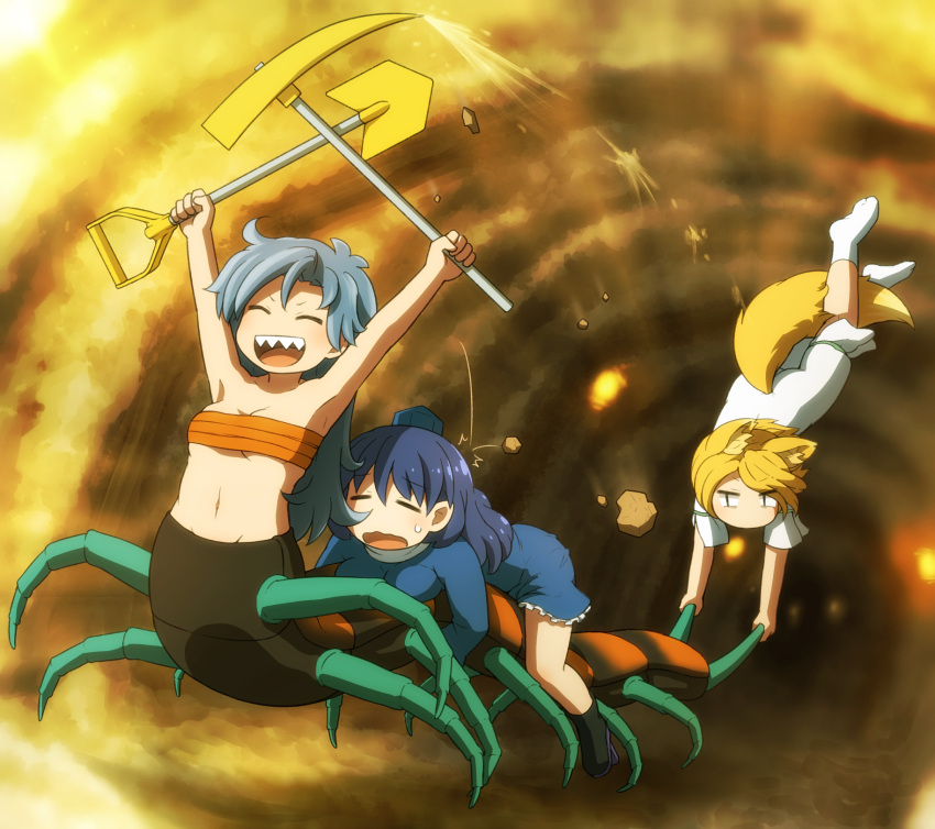 3girls :d \o/ animal_ears arms_up arthropod_girl bangs blonde_hair blue_dress blue_hair bug cave cave_interior centipede centipede_girl commentary_request dark_blue_hair dress dual_wielding fox_ears fox_tail geta grey_hair hat highres himemushi_momoyo holding holding_shovel iizunamaru_megumu kudamaki_tsukasa light_blush long_hair messy_hair multiple_girls outstretched_arms pickaxe sharp_teeth shirosato shovel smile tail teeth tengu-geta tokin_hat torch touhou upside-down v-shaped_eyebrows