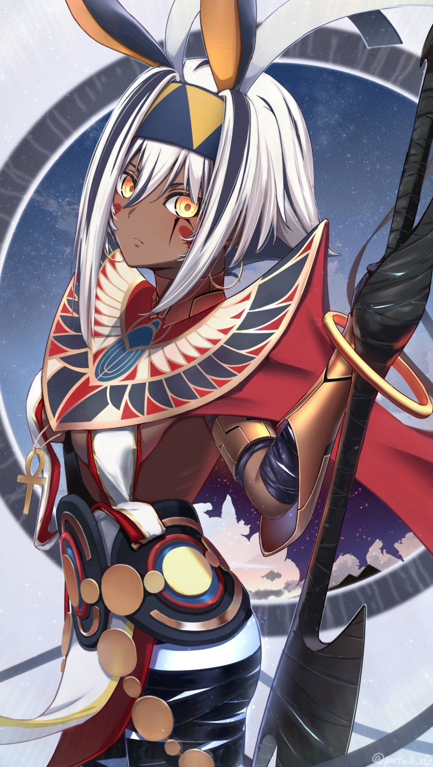 1girl absurdres animal_ears ankh antenna_hair armlet bandages bangs belly_chain black_bandages black_hair bracelet bracer breasts cape center_opening colored_inner_hair dark-skinned_female dark_skin dress earrings facepaint facial_mark fate/grand_order fate_(series) glowing_skin gold_trim hairband highres hoop_earrings jackal_ears jewelry looking_at_viewer medium_breasts multicolored_hair nitocris_(fate) nitocris_alter_(fate) particle_sfs pelvic_curtain red_cape short_hair sidelocks solo staff streaked_hair thighlet thighs usekh_collar white_dress white_hair yellow_eyes