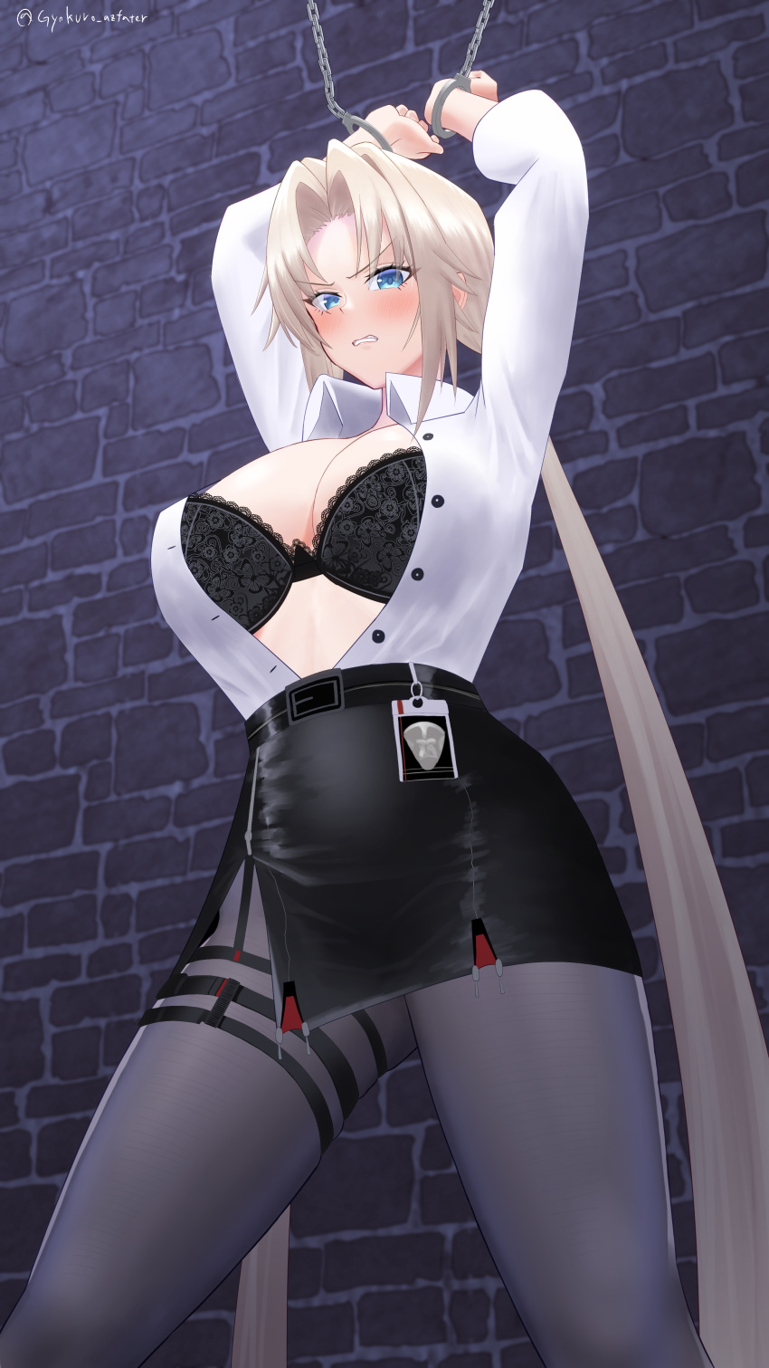 1girl absurdres arms_up azur_lane bangs belt black_belt black_bra black_choker black_gloves black_skirt blonde_hair blue_eyes blush bound bound_wrists bra bra_peek breasts brick_wall choker cleavage clenched_teeth commentary_request cowboy_shot cuffs elbow_gloves gloves grey_pantyhose gyokuro_(azfater) high-waist_pantyhose high-waist_skirt highres kronshtadt_(azur_lane) kronshtadt_(begin_the_rush!)_(azur_lane) large_breasts long_hair long_sleeves looking_at_viewer low_twintails official_alternate_costume open_clothes open_shirt pantyhose parted_bangs pencil_skirt police_badge restrained shackles shirt sidelocks skindentation skirt solo standing teeth thigh_strap twintails twitter_username underwear very_long_hair white_shirt