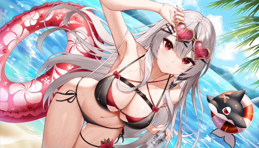 1girl :/ absurdres arm_up armpits bare_shoulders beach bikini black_bikini blue_sky breasts can chest_belt cleavage closed_mouth cloud collarbone commentary day drink eyewear_on_head floating_hair grey_hair hair_ornament hairclip hand_on_eyewear heart heart-shaped_eyewear highres holding holding_can hololive innertube inu_(sakamata_chloe) large_breasts layered_bikini leaning_forward long_hair looking_at_viewer multicolored_hair navel ocean outdoors red_eyes red_nails roina_(effj7473) sakamata_chloe sky streaked_hair sunglasses sunlight swimsuit thighs virtual_youtuber water wet x_hair_ornament