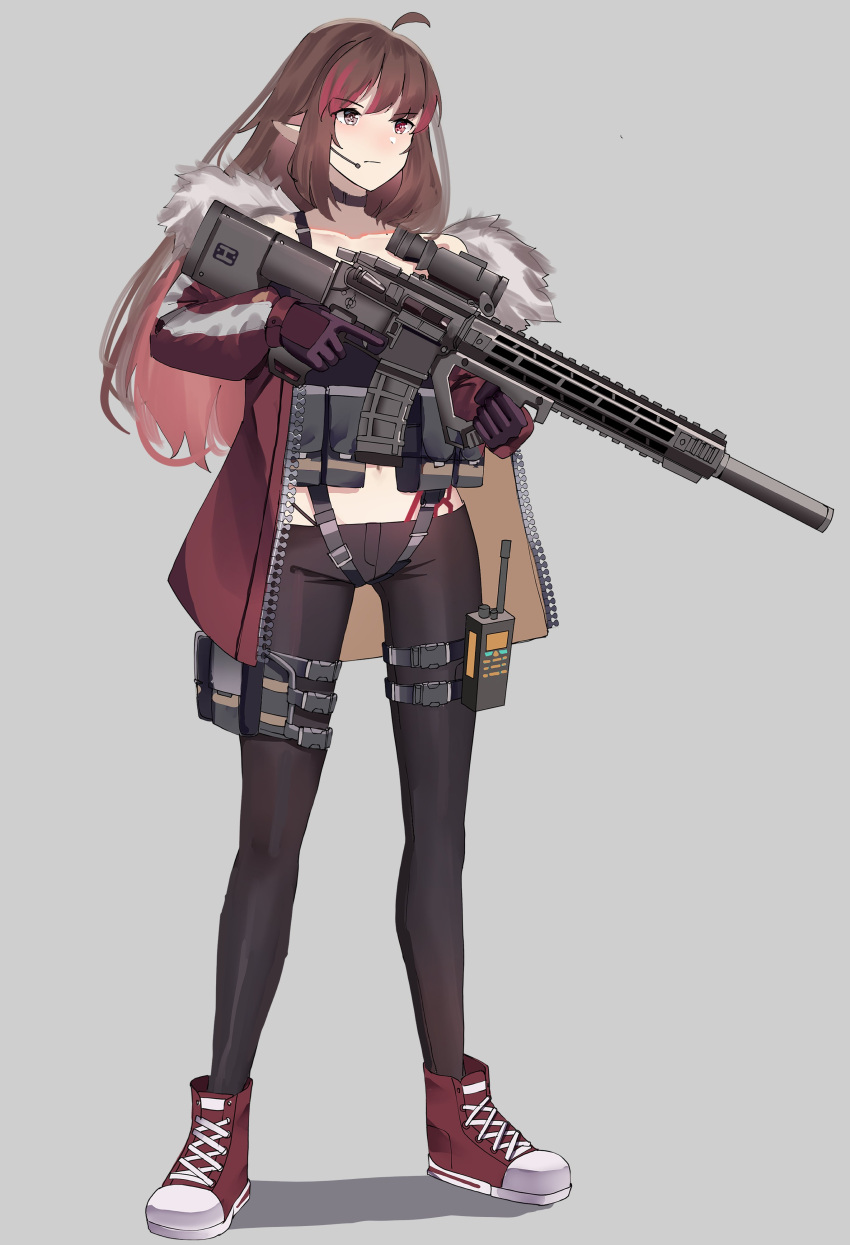 1girl absurdres ahoge ar-15 assault_rifle black_choker black_pants brown_eyes choker closed_mouth commission copyright_request full_body gar32 gloves grey_background gun headset highres holding holding_gun holding_weapon jacket midriff navel open_clothes open_jacket pants pointy_ears purple_gloves red_eyes red_footwear red_jacket rifle shoes simple_background solo standing thigh_pouch trigger_discipline walkie-talkie weapon