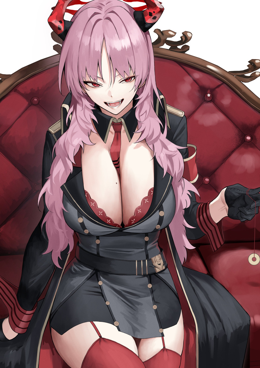 1girl absurdres armband bangs belt between_breasts black_belt black_gloves black_jacket blue_archive breasts cleavage coin collared_jacket couch detached_collar gloves hair_between_eyes halo highres holding_pendulum holed_coin horns jacket large_breasts long_hair long_sleeves looking_at_viewer military_jacket mole mole_on_breast necktie necktie_between_breasts on_couch open_mouth pink_hair red_eyes red_necktie red_thighhighs satsuki_(blue_archive) side_slit sitting smile solo thighhighs white_background yoshio_(55level)