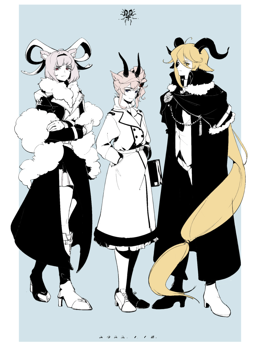 3girls absurdly_long_hair alternate_costume animal_ear_fluff animal_ears arknights bag belt belt_buckle blonde_hair blue_eyes border brown_hair buckle cape carnelian_(arknights) chengxun_hongsanjiao closed_mouth coat commentary crossed_arms curled_horns dated degenbrecher_(arknights) earthspirit_(arknights) full_body fur-trimmed_cape fur-trimmed_coat fur_trim goat_ears goat_girl goat_horns grey_hair hairband handbag hands_in_pockets high_heels highres horns long_hair long_sleeves looking_at_viewer low-tied_long_hair medium_hair multiple_girls partially_colored red_eyes skirt smile very_long_hair white_border yellow_eyes