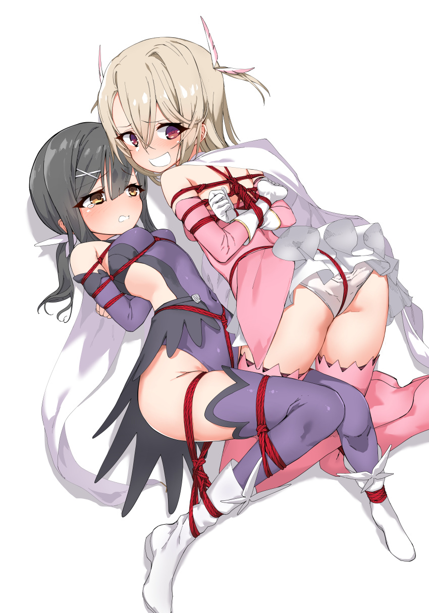 2girls absurdres arms_behind_back ass bangs bdsm black_hair blonde_hair bondage boots bound bound_arms breast_bondage breasts brown_eyes cape crotch_rope detached_sleeves elbow_gloves fate/kaleid_liner_prisma_illya fate_(series) feather_hair_ornament feathers gloves hair_ornament highres illyasviel_von_einzbern kinbakuman layered_gloves leotard long_hair magical_girl miyu_edelfelt multiple_girls panties pink_feathers pink_footwear pink_gloves prisma_illya purple_leotard purple_sleeves purple_thighhighs red_eyes red_rope rope shibari shibari_over_clothes small_breasts thigh_boots thighhighs underwear white_cape white_footwear white_gloves white_panties