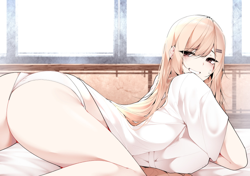 1girl absurdres ass bangs bed bed_sheet blonde_hair breast_press breasts brown_eyes collared_shirt dated_commentary grin hair_between_eyes hair_ornament hairclip highres huge_breasts indoors large_breasts long_hair looking_at_viewer looking_to_the_side on_bed original panties samip school_uniform shirt smile solo teeth thick_thighs thighs underwear white_panties white_shirt window